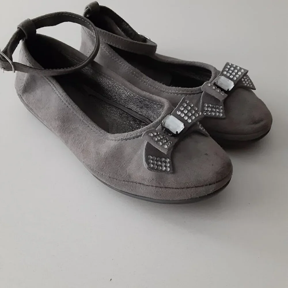 Wolly soft grey suede ballet style shoes with ankle strap - made in Italy